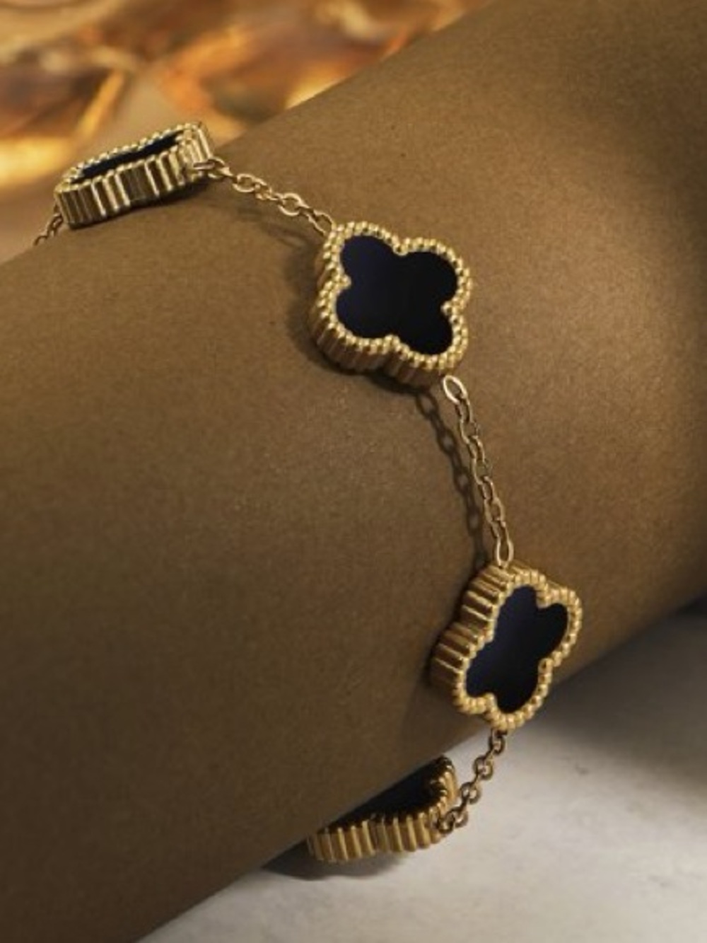 Gold stainless Clover Link Bracelet with Black Inlay - Women Jewelry - Picture 2 of 4
